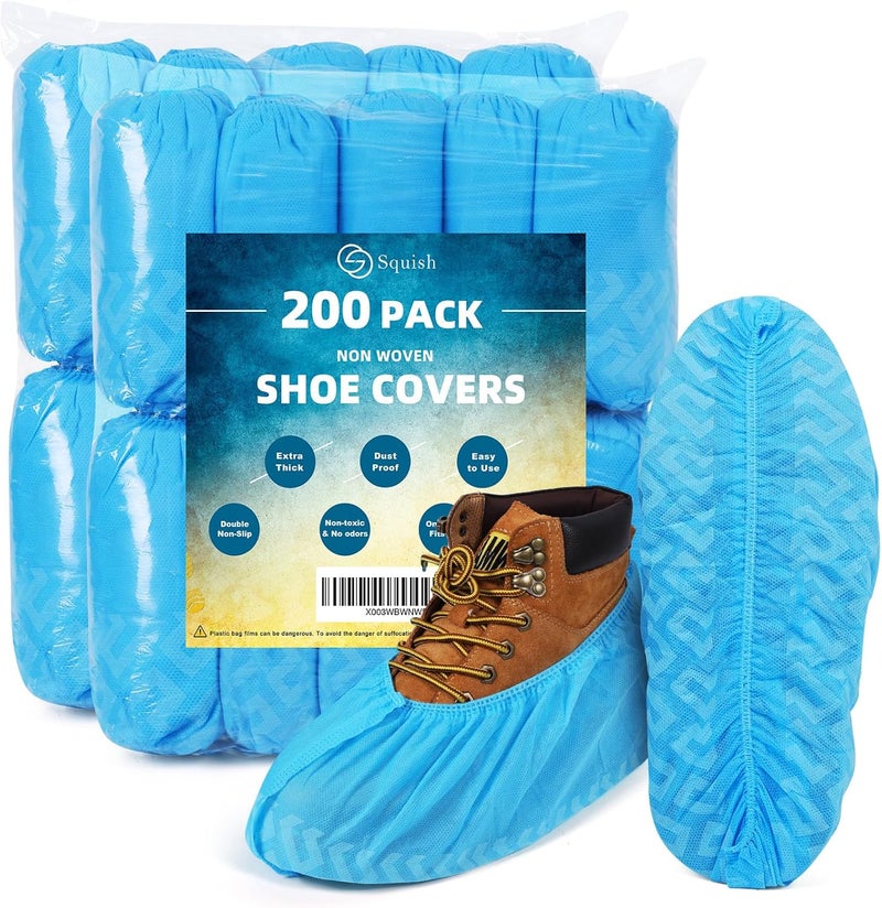 squish 200 Pack Shoe Covers Disposable Non-Slip, Blue Non-Woven Fabric Boot Covers for Indoors Breathable Slip Resistant Durable Boot&Shoes Cover, Protector Covers Fits Virtually Most Shoes - Image 1